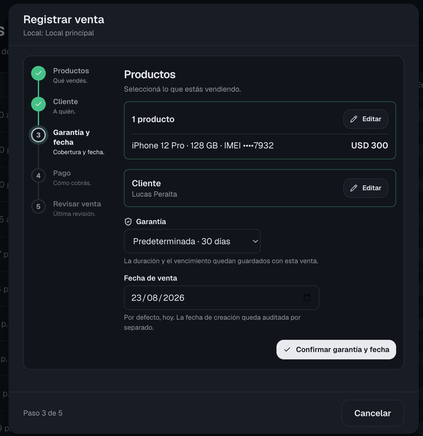 Flujo real de Registrar venta en CREASI con producto, IMEI, cliente, garantía y fecha
